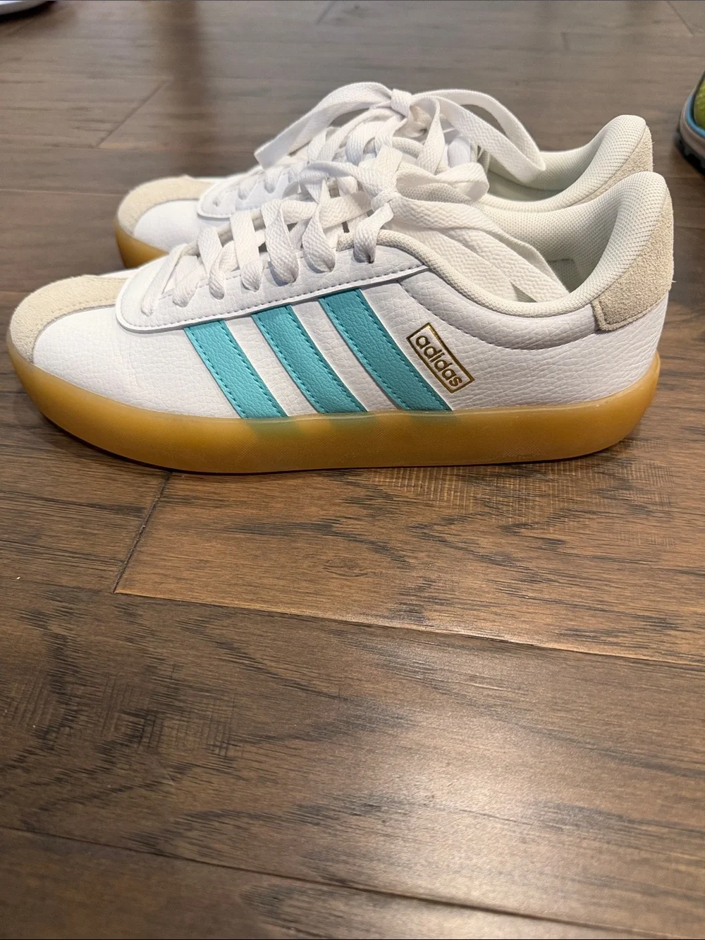 Adidas VL Court Women’s White Sneakers with Teal Stripes Worn once